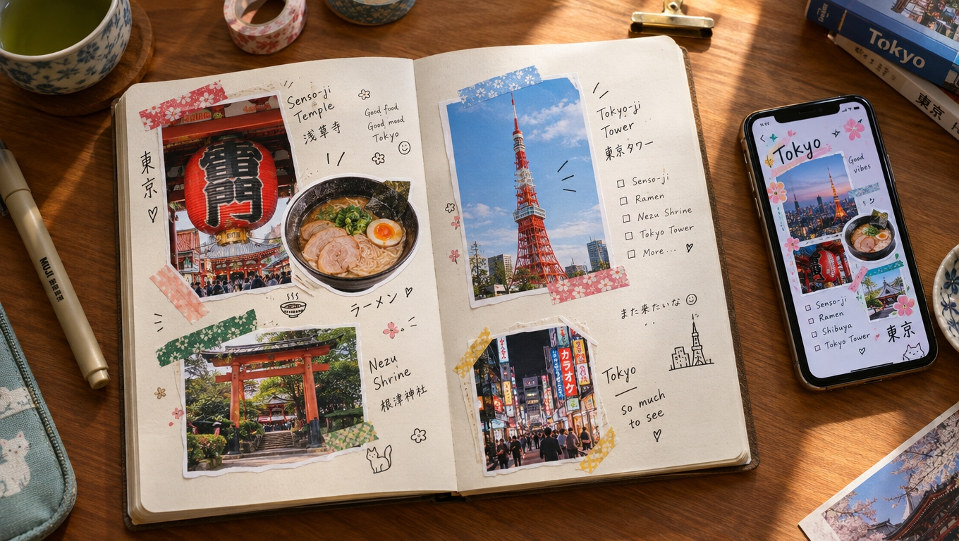 ダイカットシールを貼った旅のノートとスマホ。東京の旅がそのまま旅行記になる